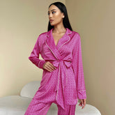 Lockerer Cardigan mit Aufdruck, langärmelig, zweiteiliger Pyjama aus Satin, lässig, bequem, Homewear